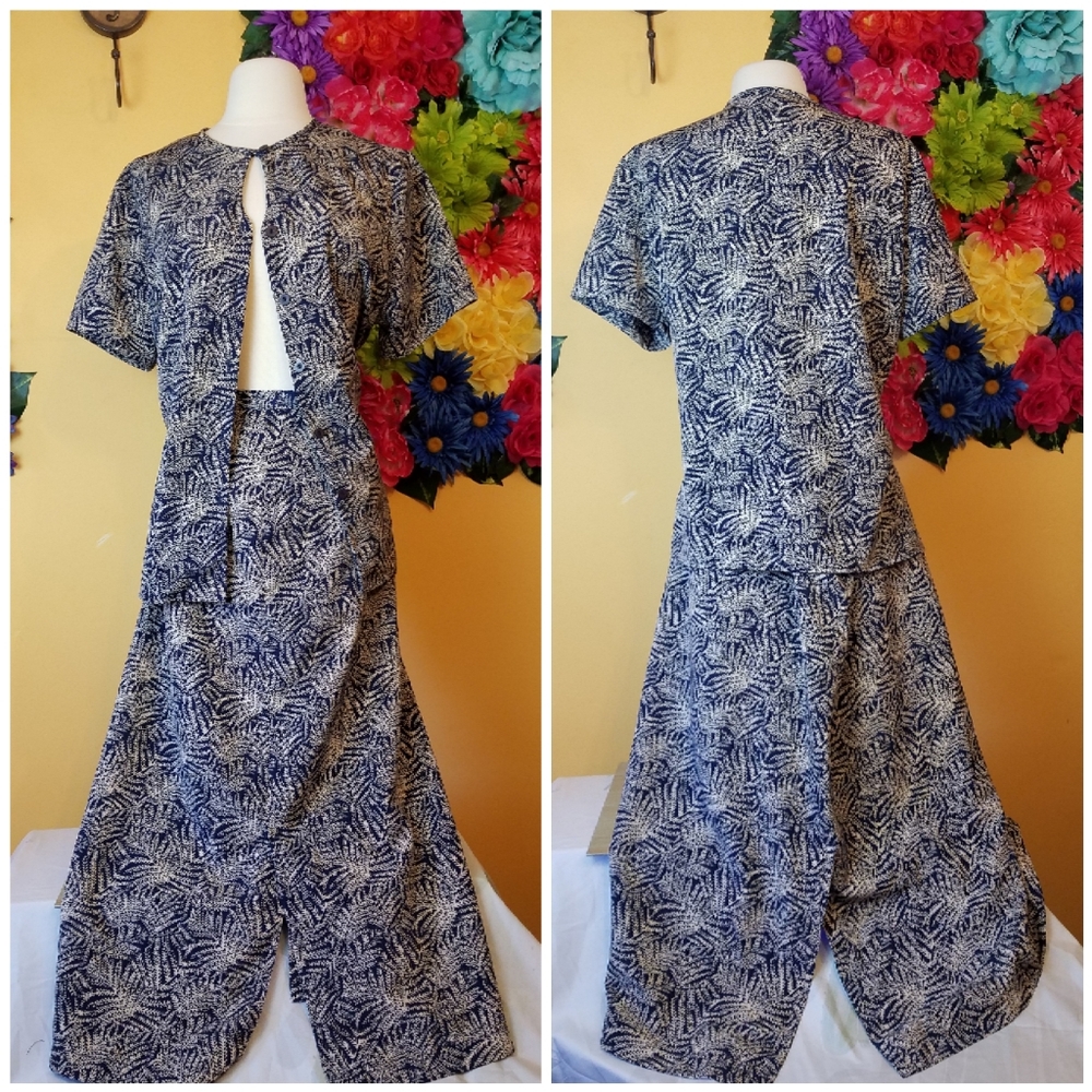 Vintage Talbots blue plant print two-piece skirt set- 14 Petite Boho Indiecore